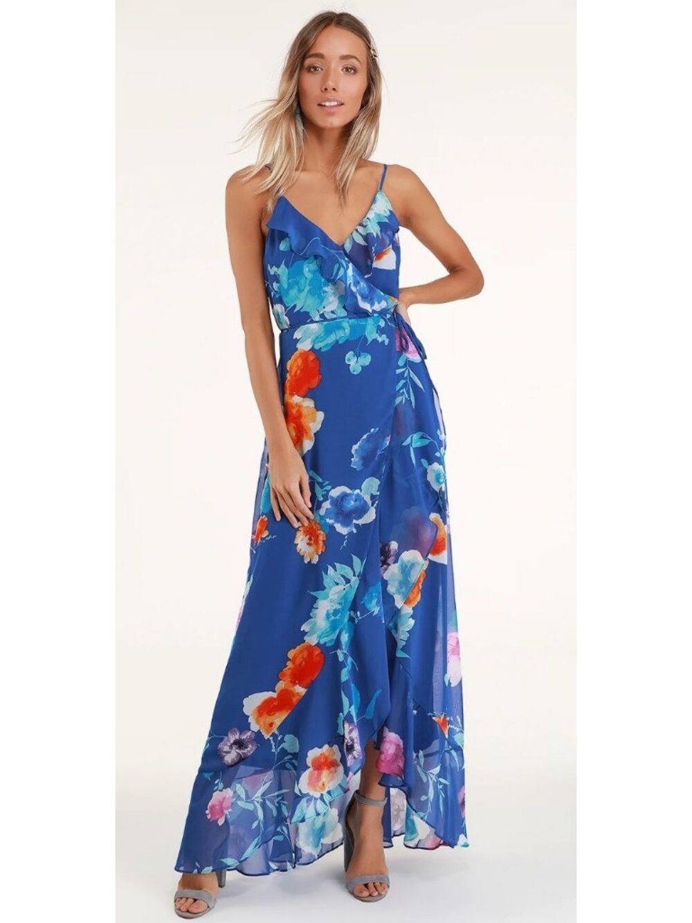Lulus Ladean Royal Blue Floral Print Ruffled Wrap Maxi Dress Women's Size Lg NWT